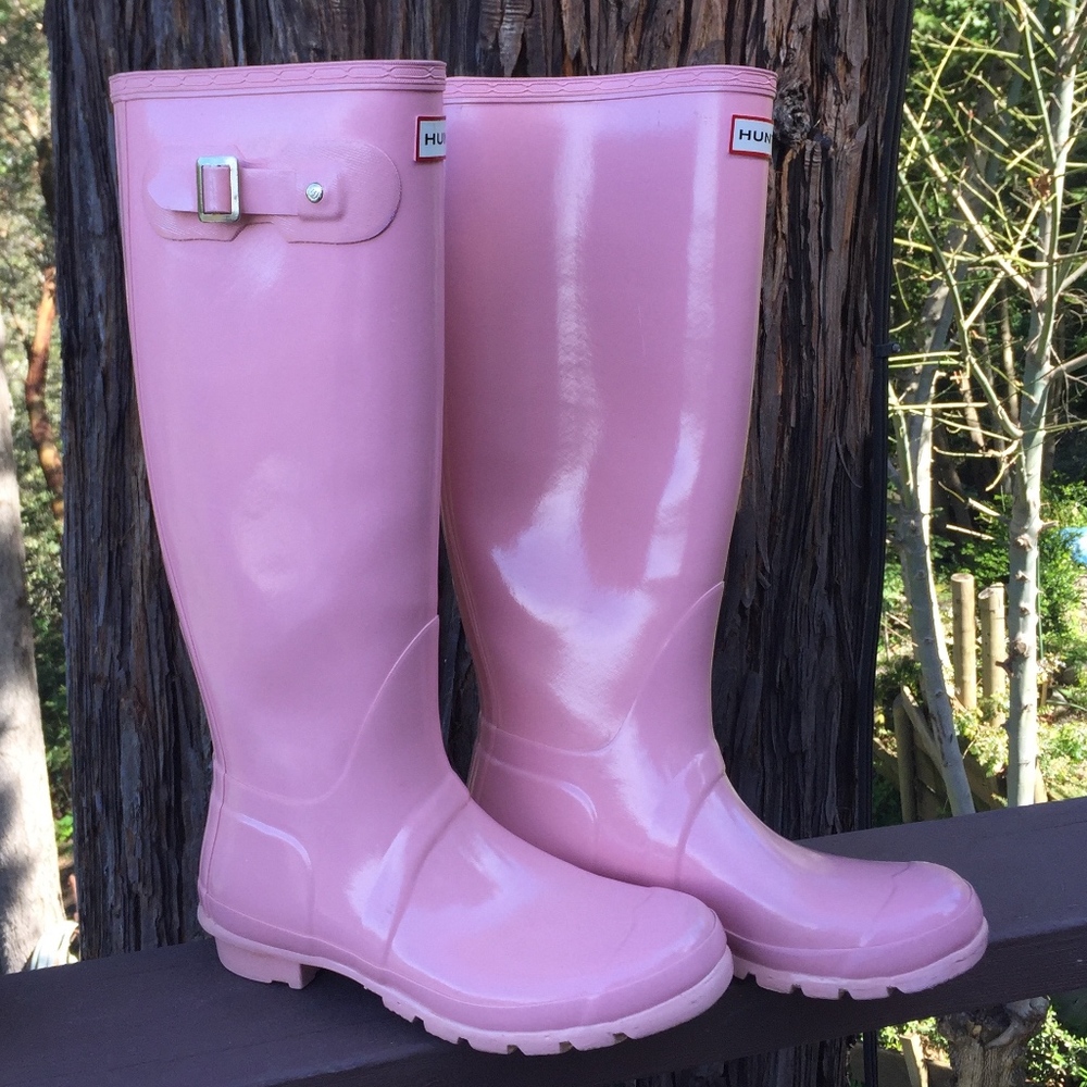 RARE Pink Hunter Wellington Gloss Tall Rainboots